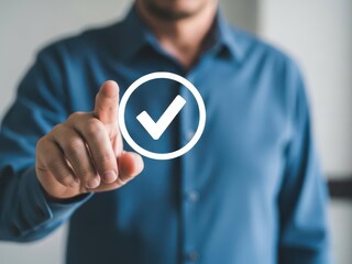 Businessman Pointing at Virtual Checkmark Icon for Approval, Agreement, and Success