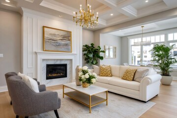 Fototapeta premium Luxurious living room interior design with fireplace