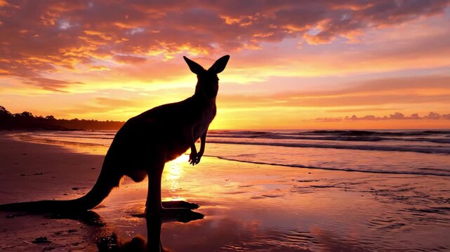 Silhouette of a kangaroo on a beach at sunset with vibrant orange sky