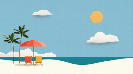 Obraz premium Tropical beach scene with two lounge chairs under red umbrella, palm tree shadow and sunny blue sky full of clouds