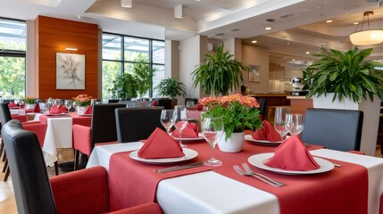 Fototapeta premium Restaurant dining room setting with red linen and green plants
