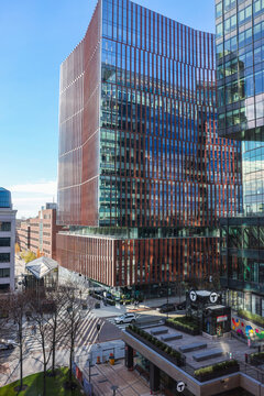 Modern office buildings and MBTA subway entrance at Kendall Square, Cambridge, Massachusetts