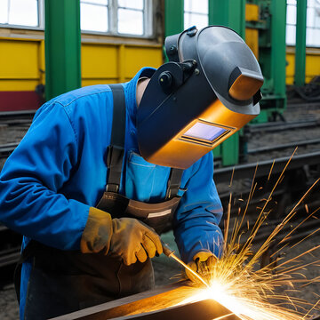 Welder works in Tver Railway Carriage Plant.