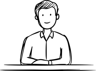 Obraz premium Hand Drawn Man Sitting at Desk Black and White Avatar Illustration in Minimal Line Art Style Design