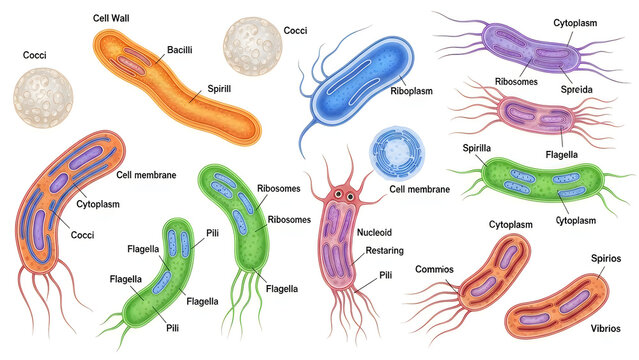 Diverse bacterial cell shapes and structures with labeled components
