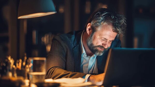 Contemplating businessman working late in a dimly lit home office, focused on his laptop and surrounded by papers and stationery