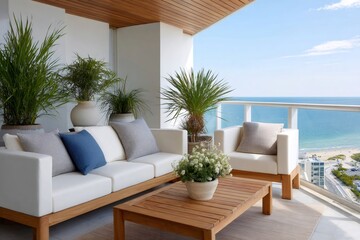 Fototapeta premium Modern luxury balcony with ocean view and outdoor furniture