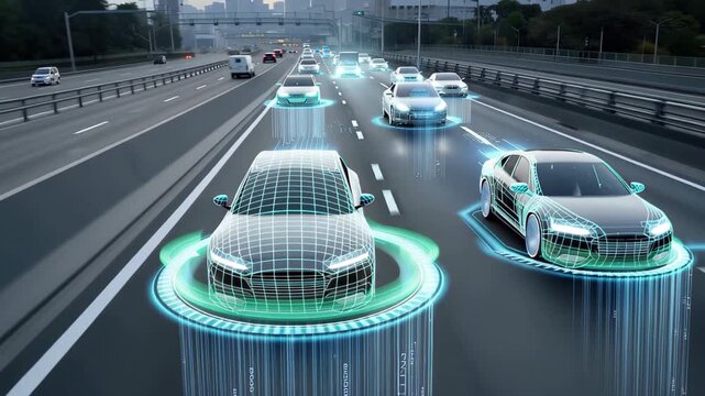 Innovative autonomous vehicles navigate smart highways in a futuristic urban setting