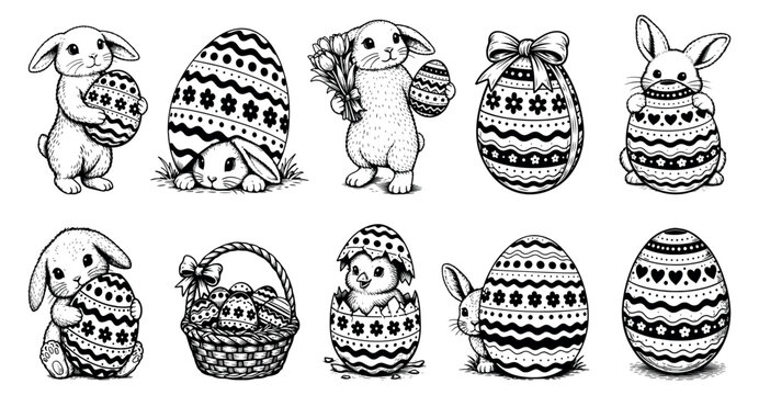 Easter set with bunny, eggs and Easter basket vector sketch