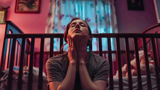 Tired woman sitting with head in hands in dimly lit room with baby cribs nearby, showing exhaustion and stress from parenting duties late at night