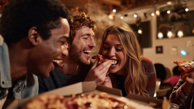 Friends enjoy sharing delicious pepperoni pizza together in a warm and cozy atmosphere filled with laughter and good vibes