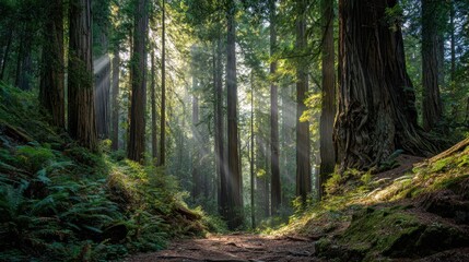 Fototapeta premium Sunbeams Illuminating a Forest Path Lined with Giant Redwood Trees and Lush Ferns redwood forest light rays