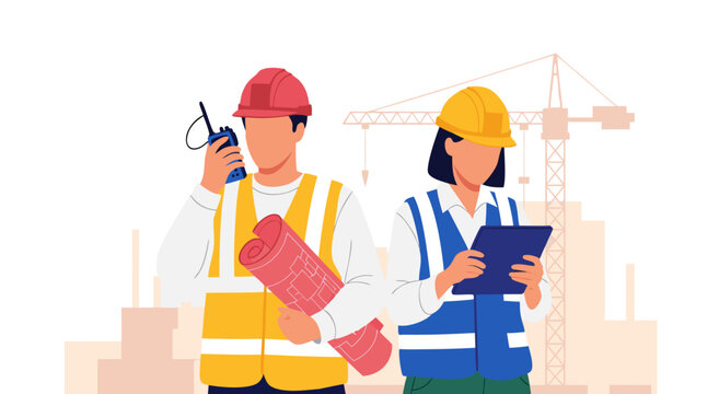 Construction professionals vector illustration, representing teamwork and planning with blueprints and tablets at a building site