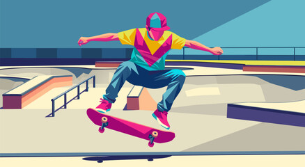 Dynamic vector illustration of a skateboarder performing a trick at a skatepark, vibrant 80s style art © Purnomo
