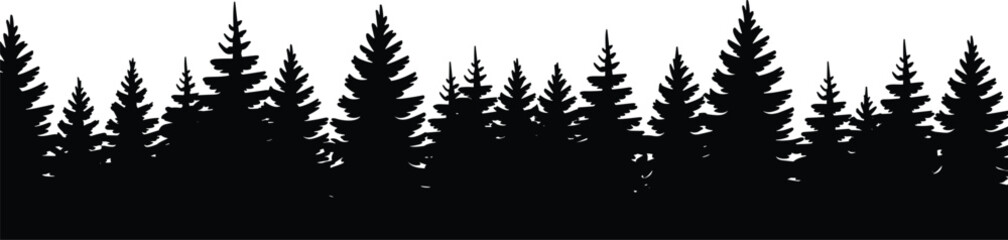 Black silhouette illustration of dense coniferous forest with pine and fir trees, symbolizing wilderness, outdoor ecology, natural landscape, and nature-inspired design elements. © Ariful