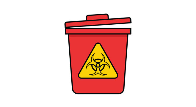 A red biohazard waste bin with a yellow warning sign on the front, Generative AI.