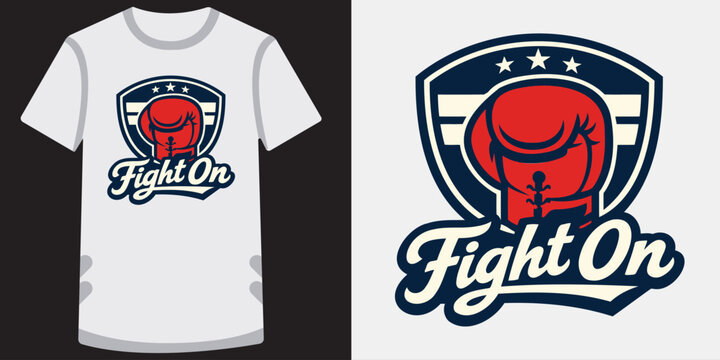 Creative boxing themed tshirt design featuring bold fight on logo with red boxing gloves in a shield emblem perfect for sportswear and fitness apparel