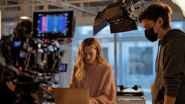 Closeup view of steadicam equipment and female model engaged in a creative session inside a modern studio during daytime