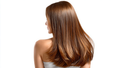 Naklejka premium Beautiful confident woman with healthy long straight shiny brunette hair viewed from behind standing calm against white background