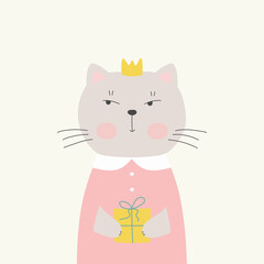 A funny cat in a pink dress with a white collar, with a crown on her head and a gift in her paws