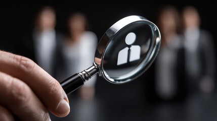 Hand holds magnifying glass over digital person on dark abstract background showing intent search for professional recruitment
