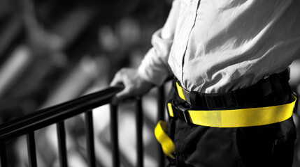 Obraz premium Confident serious worker wearing yellow safety harness equipment during installation process by expert standing near metal rail on site