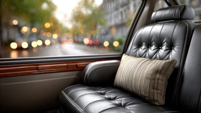Interior of luxury black leather car seat inside limousine offering relaxing and comfortable travel with blurred city street window view