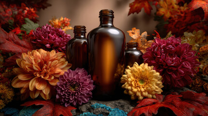 Calming amber glass bottle of natural essential oil surrounded by autumn flower and leaf for soothing aromatherapy and wellness relaxation