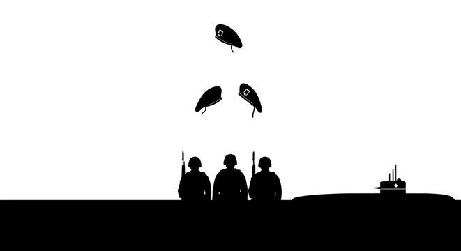Military Submarine and Soldiers Silhouette with Paratroopers Jumping