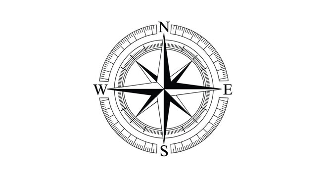 Vintage style nautical compass rose illustration isolated on white background depicting north south east and west cardinal directions.