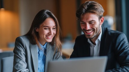Obraz premium Two business people using a laptop together while sitting in a meeting. Happy business people looking at a slide presentation in an office.