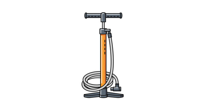 Manual orange and black floor air pump with long hose and pressure gauge isolated on white background for inflating bicycle tires.