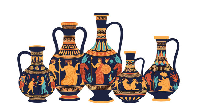 Collection of various ancient Greek pottery vases and amphorae decorated with classical mythological figures and traditional patterns.