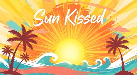 Fototapeta premium Vibrant tropical sunset scene with palm trees and ocean waves at beach
