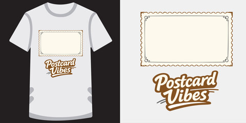 Creative tshirt design featuring a postcard frame graphic with positive vibes text ideal for travel and communication themes © md