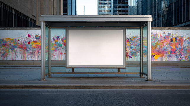 Blank bus stop billboard mockup in a modern city street, featuring a clean advertising display inside a glass shelter with colorful mural wall backdrop and wide urban copy space