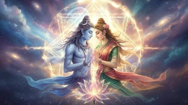 Divine union of Shiva and Parvati in a cosmic spiritual embrace with sacred geometry and glowing lotus.