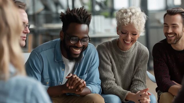 Diverse multiethnic team engaging in conversation during a collaborative meeting in a bright modern workspace in the afternoon