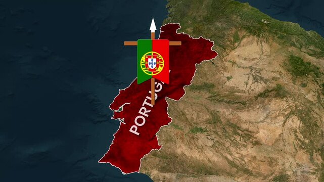 Animated map footage highlighting Portugal with its national flag banner