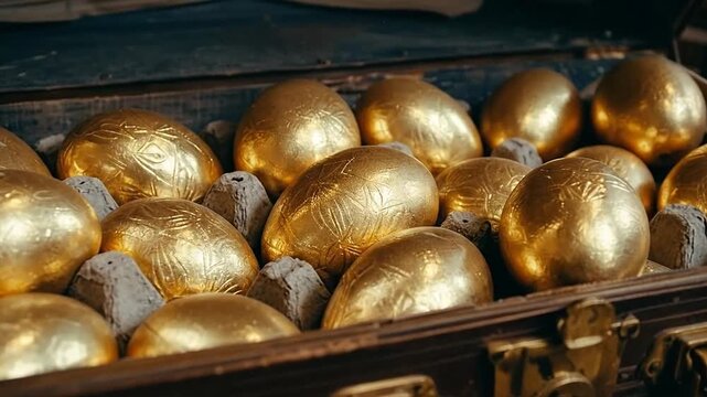 A close-up shot of numerous golden eggs nestled in grey egg cartons inside a rustic wooden box.