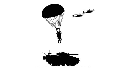 Fototapeta premium Paratrooper with Tank Silhouette, Airborne Military Operation, Air Assault