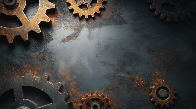 Rusted industrial gears scattered across a dark weathered metal surface, creating a mechanical grunge background with textured steel, orange corrosion, and central copy space for engineering designs