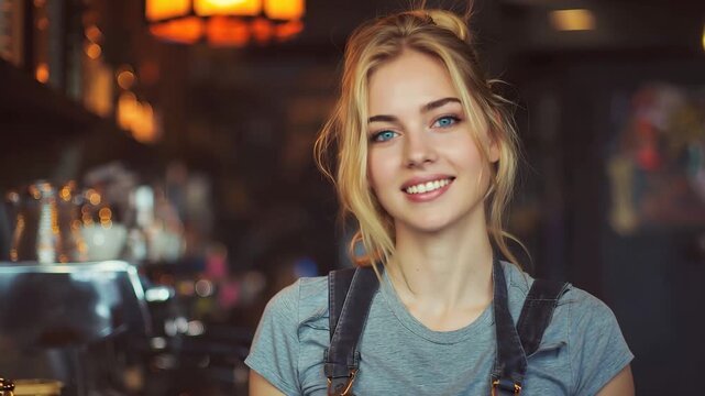 Beautiful young waitress bartender serving drinks in a cozy bar setting in Bari during the evening hours