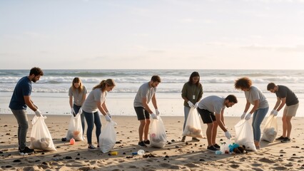 Diverse group of volunteers cleaning up trash on a sandy beach. People picking up plastic pollution by the ocean. Teamwork and environmental conservation concept