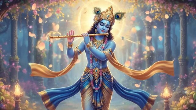 Lord Krishna playing his flute in a divine, ethereal garden with glowing lights and vibrant flowers, radiating spiritual energy.