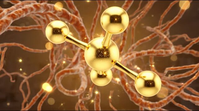 Gold molecule with peptide collagen background concept. Glowing molecular structure model in modern laboratory with scientific research background