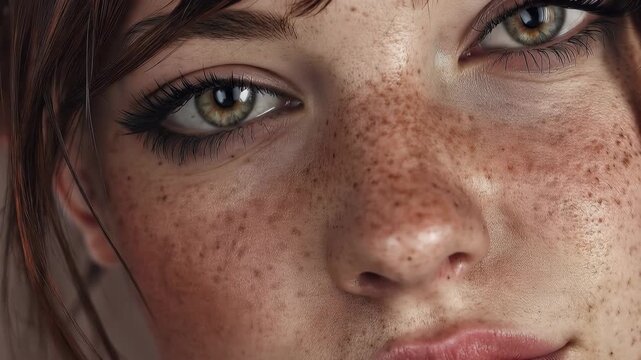 Close-up of a happy young beautiful Caucasian woman with striking green eyes and freckles, smiling softly against a neutral backdrop in natural light