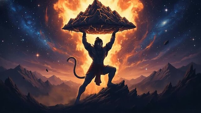Powerful depiction of Hanuman lifting a fiery mountain against a dramatic cosmic sky with stars and glowing energy.