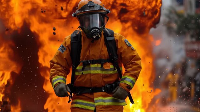 Colombian firefighter combats raging flames while demonstrating fire protection techniques in a city emergency response drill