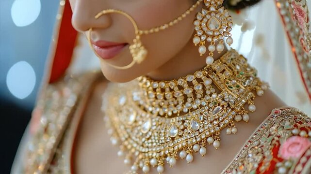 Close-up of an Indian bride adorned with exquisite gold and pearl bridal jewelry, including a choker necklace, earrings, and a traditional nose ring.